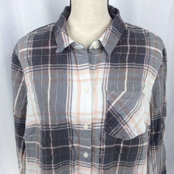 Faded Glory Top Womens Size 1X / 16W Gray Pink Plaid Long Sleeve Button Down - Picture 2 of 6